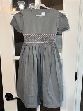 EDGEHILL COLLECTION Gray Smocked Dress Dainty Pink Rosettes Cotton Twill Size 6X